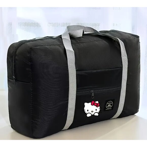 Hello Kitty Large Foldable Black Travel Bag Pink Bow Carry-On Duffle Handbag - Picture 1 of 3